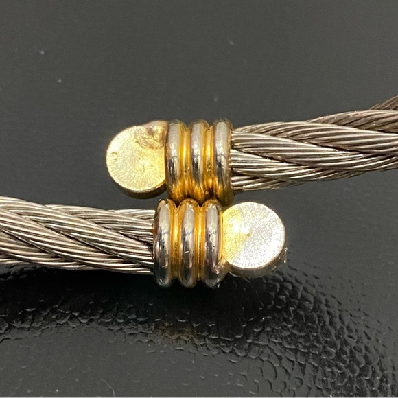 Unsigned Two-tone Twisted Cable Open Cuff CZ End Bangle Bracelet - Picture 12 of 12